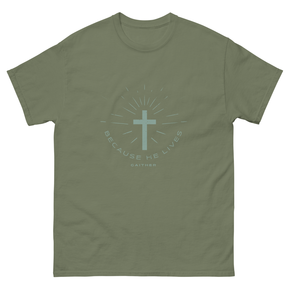 Because He Lives Cross Burst Military Green T-Shirt 
