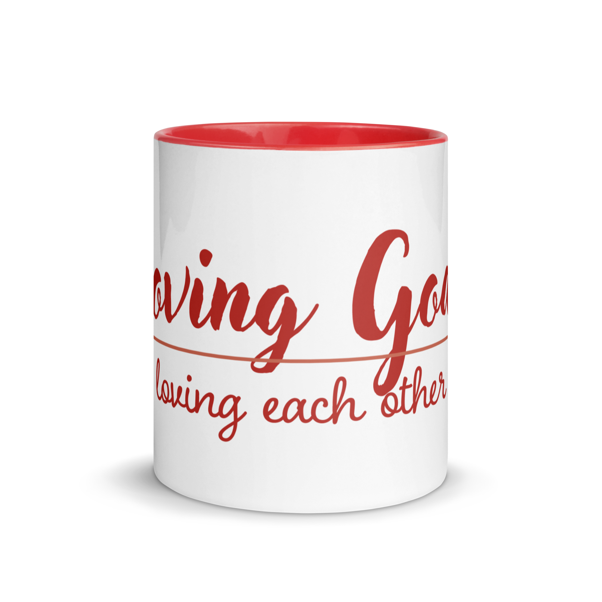 Loving God, Loving Each Other Red Two Tone Mug Front